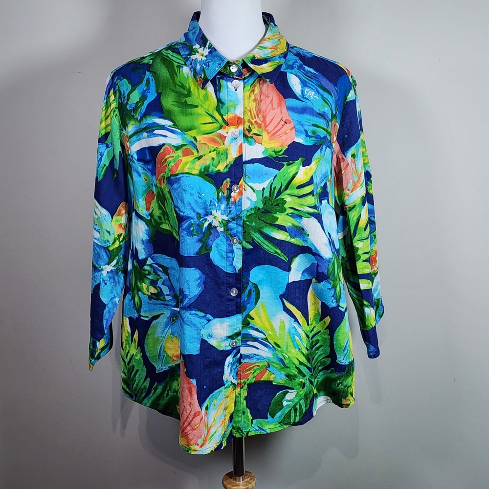 Ruby Rd Tropical Shirt Large Blue Floral Cotton Bold Vacation Resort Natural Top